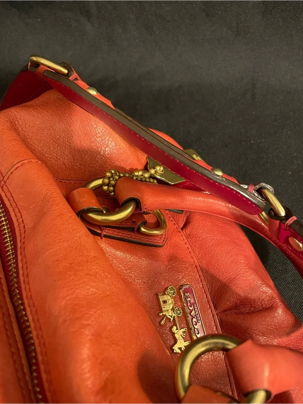 Coach Red-Orange Pebbled Leather Madison Sabrina Satchel with Gold Hardware